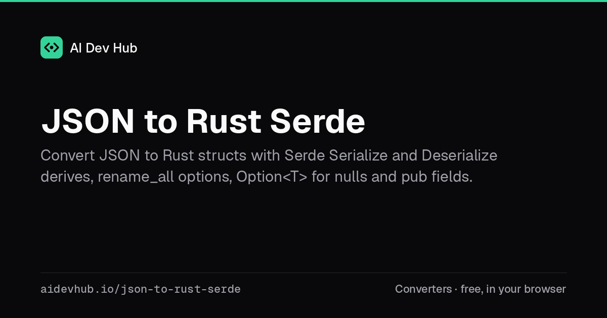 JSON to Rust Serde — Free Online Tool | AI Dev Hub
